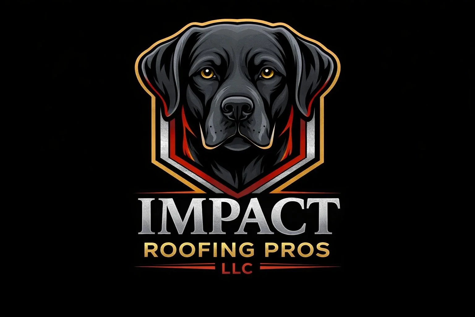 Logo for Impact Roofing Pros LLC featuring a black Labrador dog's face in a shield emblem with gold, red, black, and white accents, and the company name beneath.