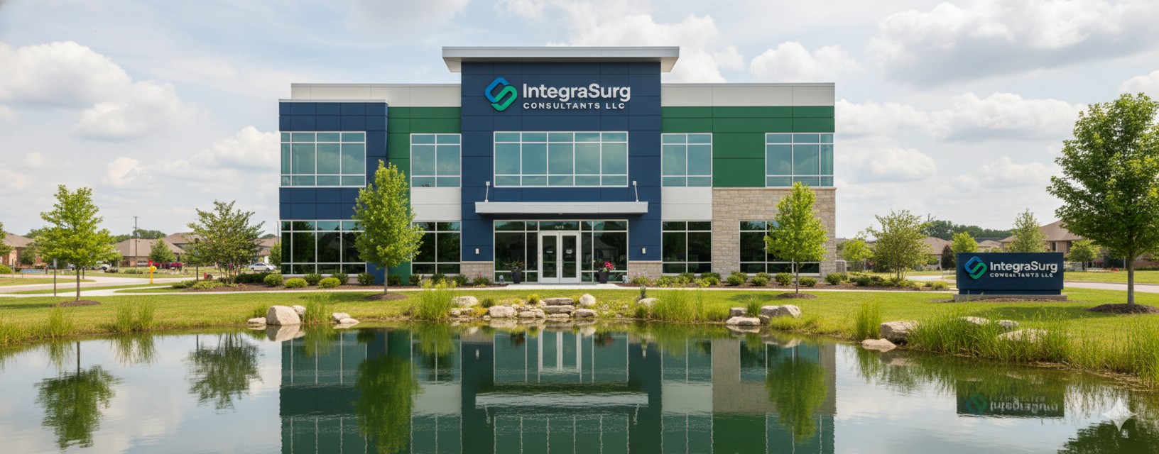A modern office building with a pond in the foreground, trees, and a sign that reads 'IntegraSurg Consultants LLC'.