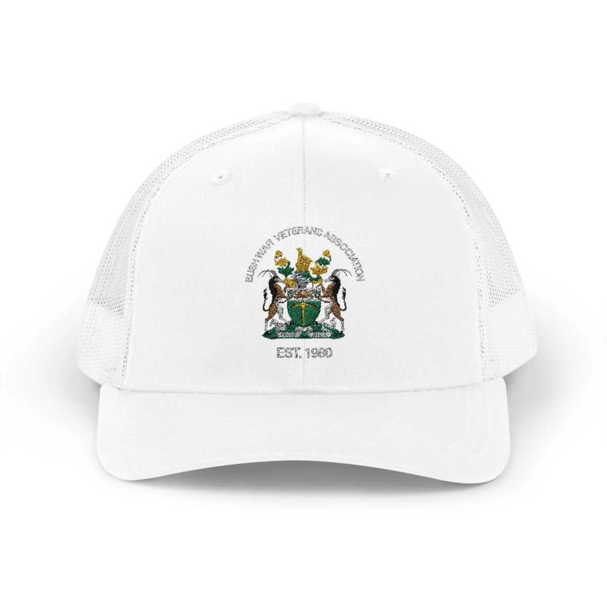 White baseball cap with embroidery of a coat of arms and the text 'British Veteran Veterans Association Est. 1960'.
