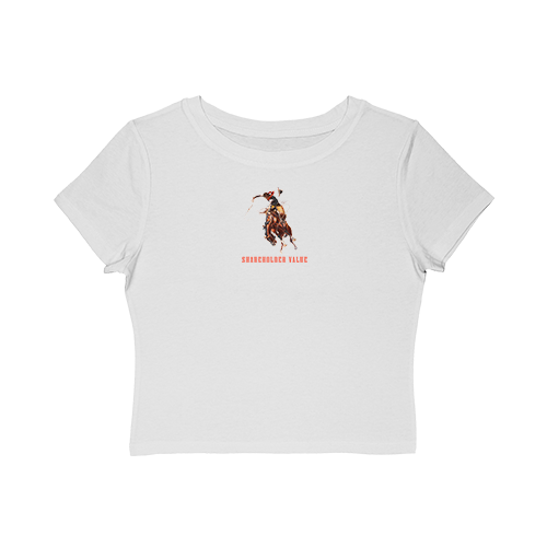 White crop top T-shirt with a small graphic of a person riding a horse and the text 'Shareholder Value' underneath.