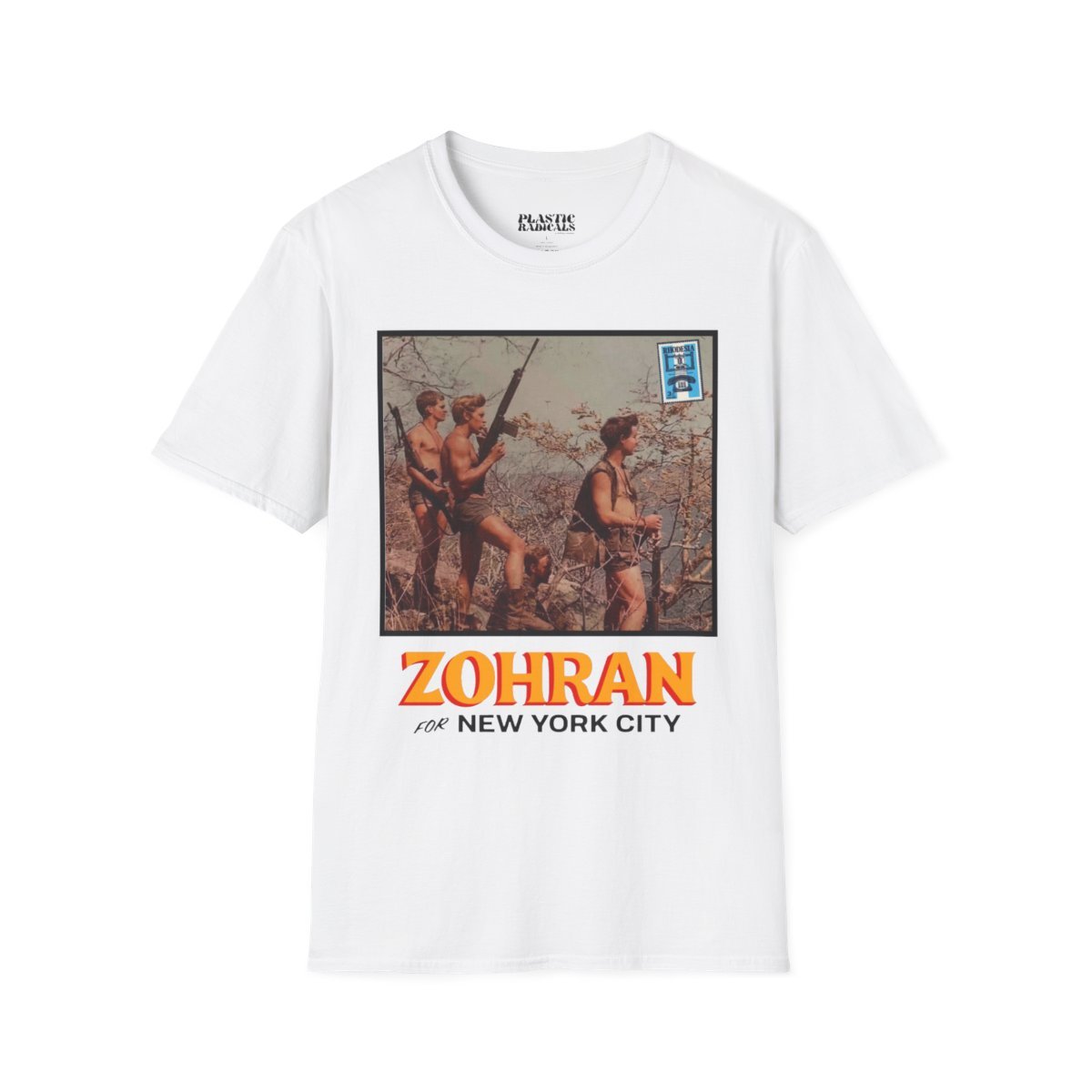 White T-shirt with a graphic of three children hiking in a wooded area and a blue street sign, with the text "ZOHAN for NEW YORK CITY" below.