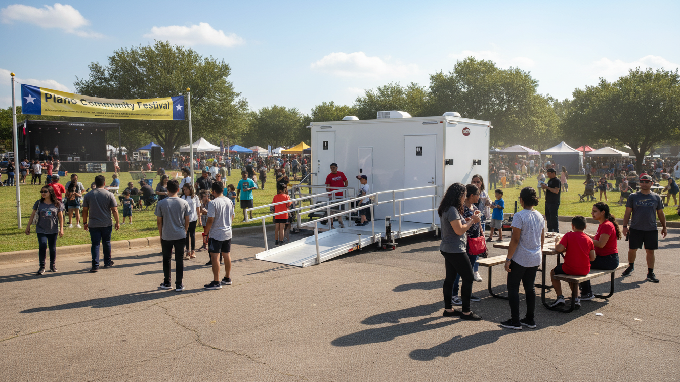 People at a community festival with tents, trees, and a stage in the background, and a mobile restroom trailer in the foreground.
