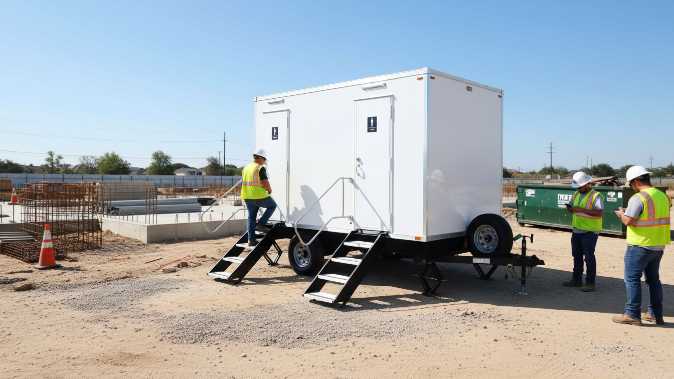 Construction workers in safety vests and hard hats around a portable restroom on a construction site.
