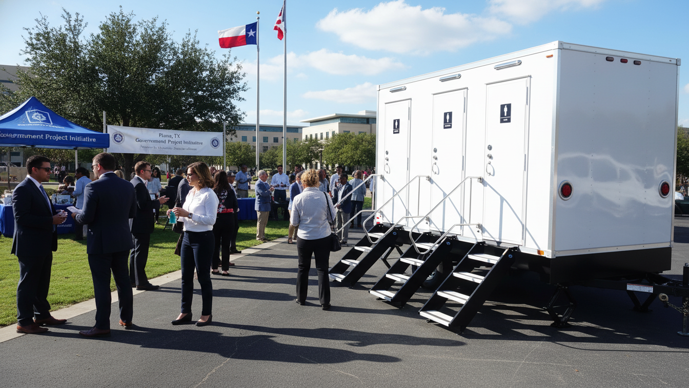 Outdoor event with people socializing near a portable restroom trailer and a booth with a banner reading 'Governance Project Initiative' in Plano, Texas, under a blue sky with scattered clouds.