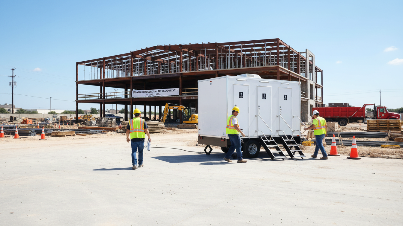 Construction workers in safety vests and helmets on a construction site with a building under construction and construction equipment in the background.