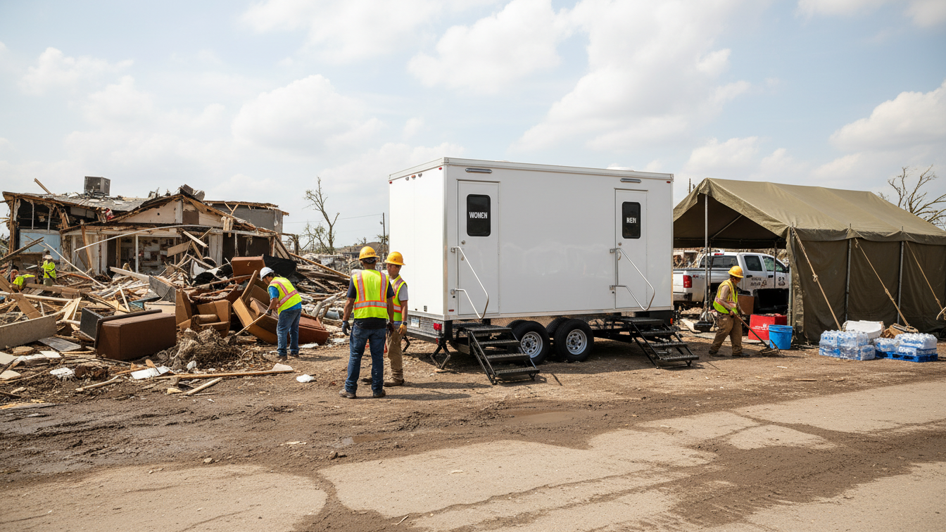 Workers in safety vests and helmets assess destruction caused by a tornado, with debris and damaged buildings nearby. A mobile command center and a tent are set up on site.