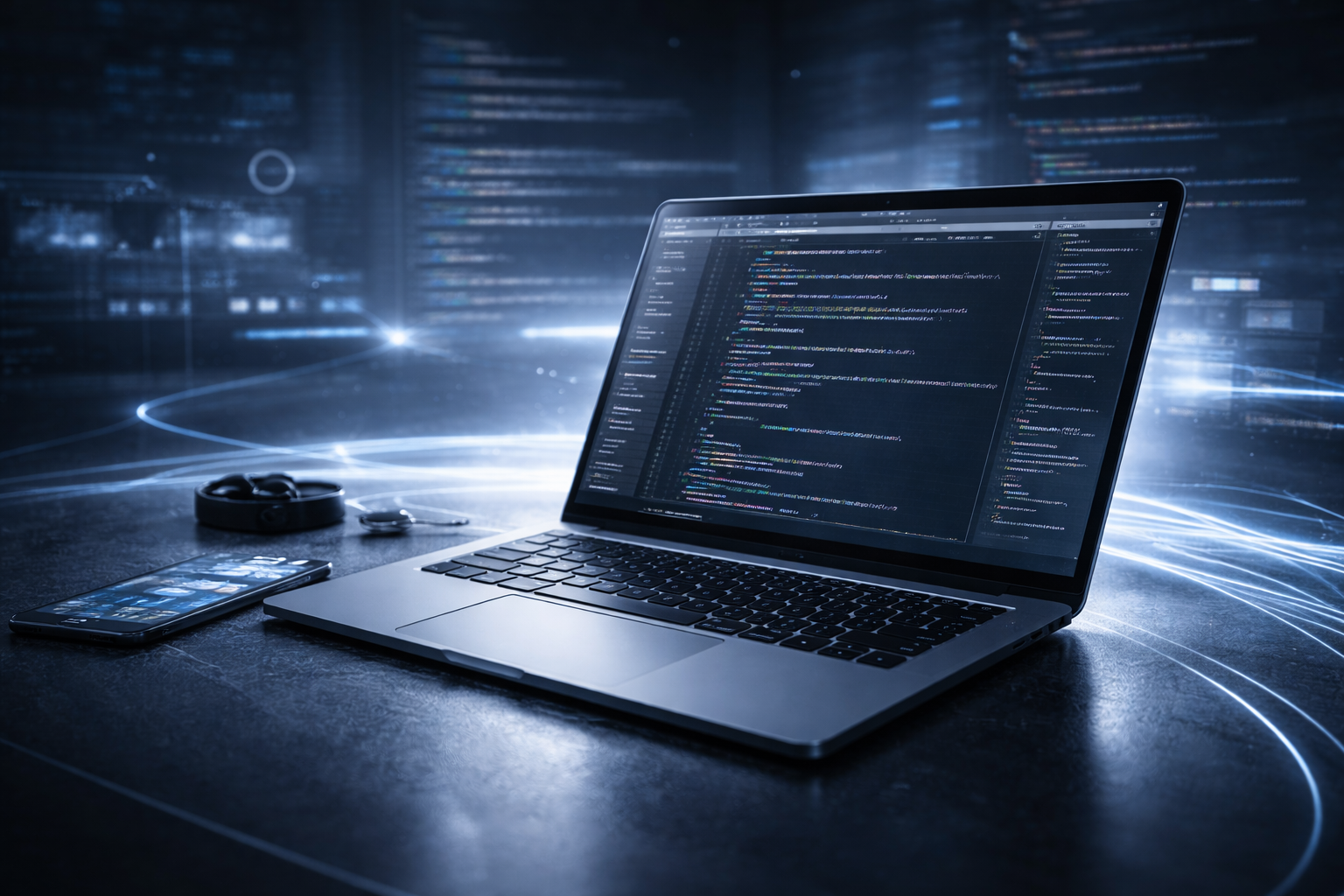 A laptop displaying computer code, with a smartphone and headphones nearby, set against a futuristic digital background with light streaks.