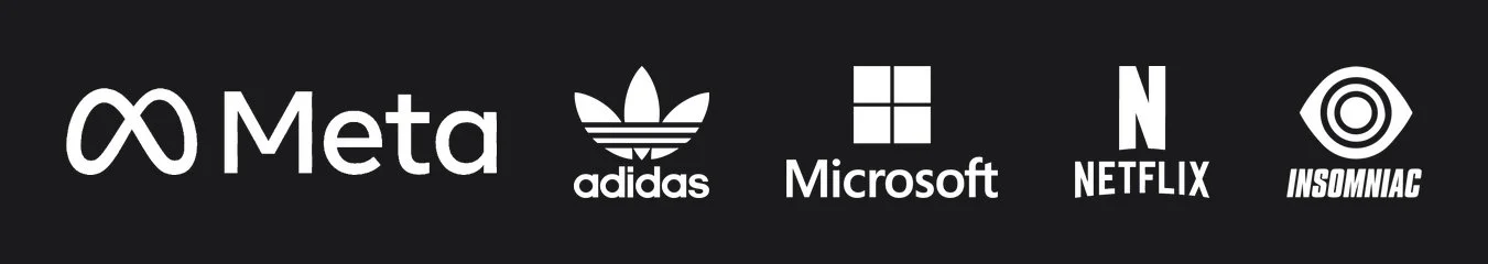 Logos of Meta, Adidas, Microsoft, Netflix, and Insomniac on a black background.