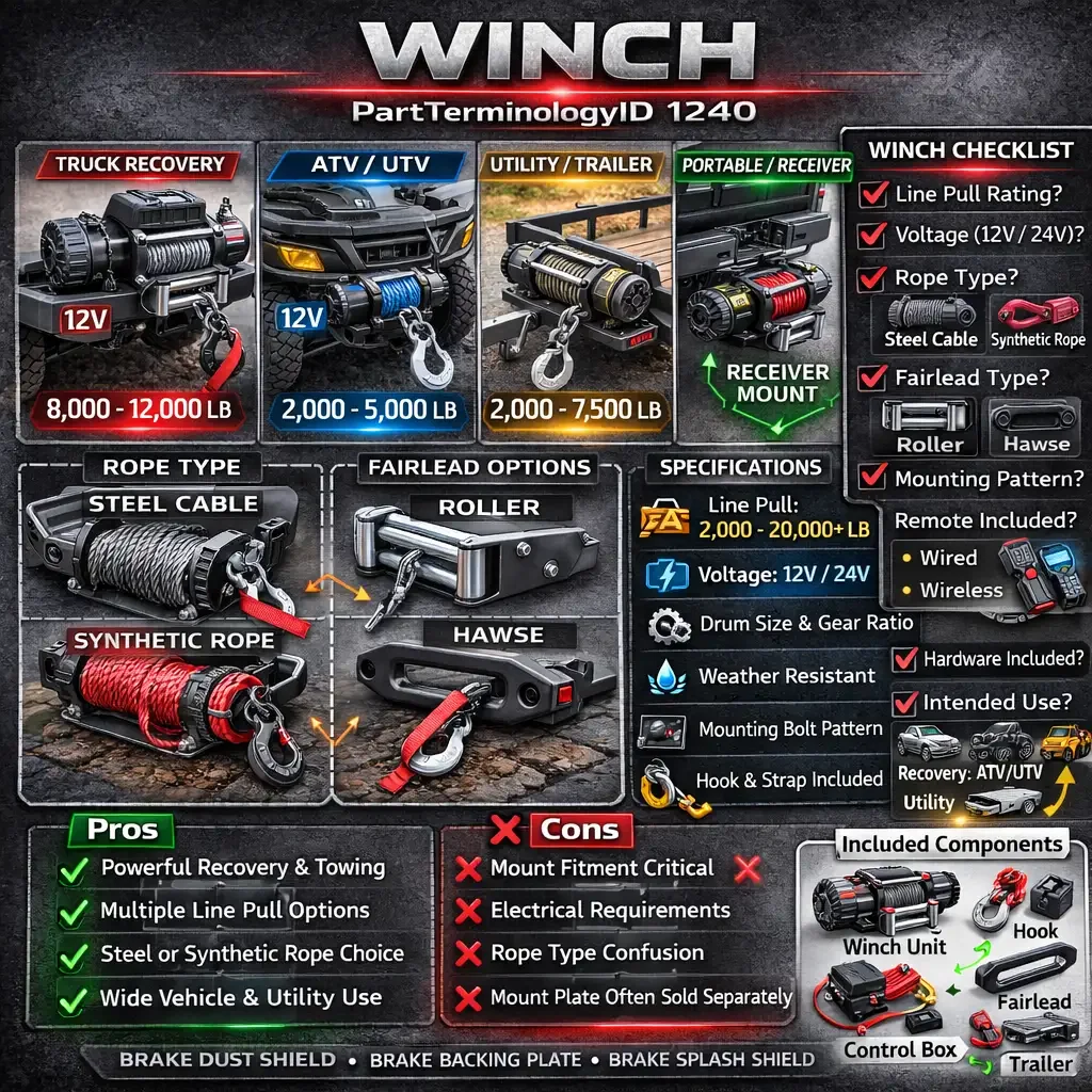 Winch (PartTerminologyID 1240): Ratings, Rope Options, and Mounting Fitment Rules