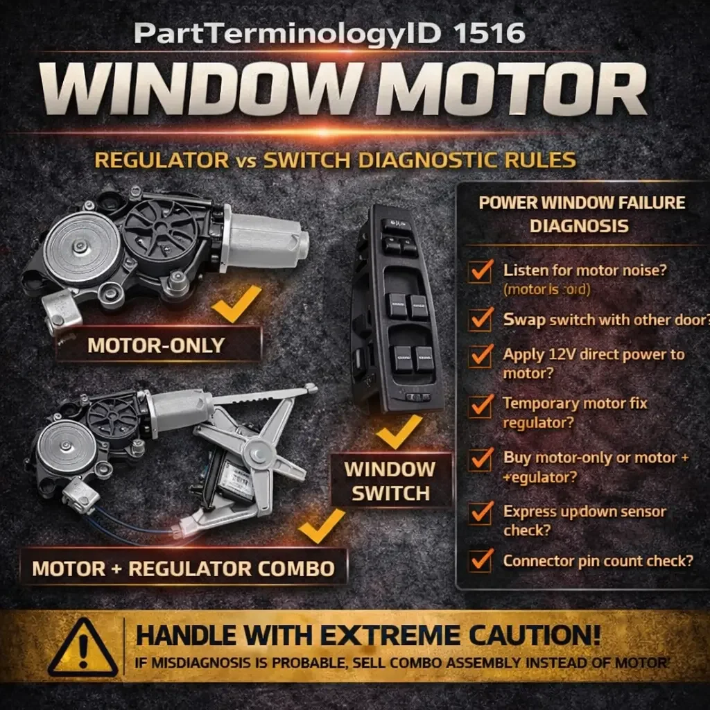 Window Motor (PartTerminologyID 1516): The Part Every Driver Diagnoses Wrong Because They Cannot Tell If It Is the Motor, the Regulator, or the Switch