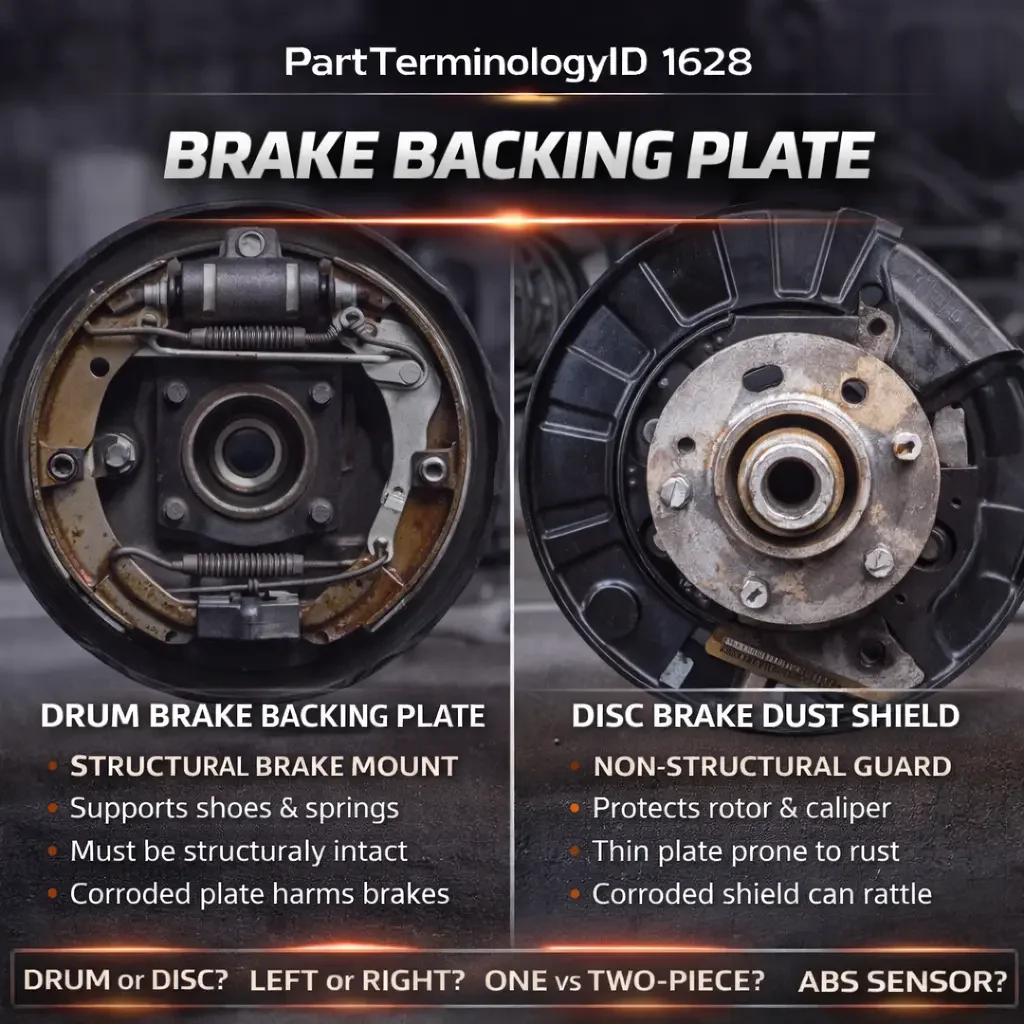 Brake Backing Plate (PartTerminologyID 1628): The Stamped Steel Plate Behind the Brake Assembly That Serves Two Completely Different Functions Depending on Whether the Vehicle Has Drums or Discs