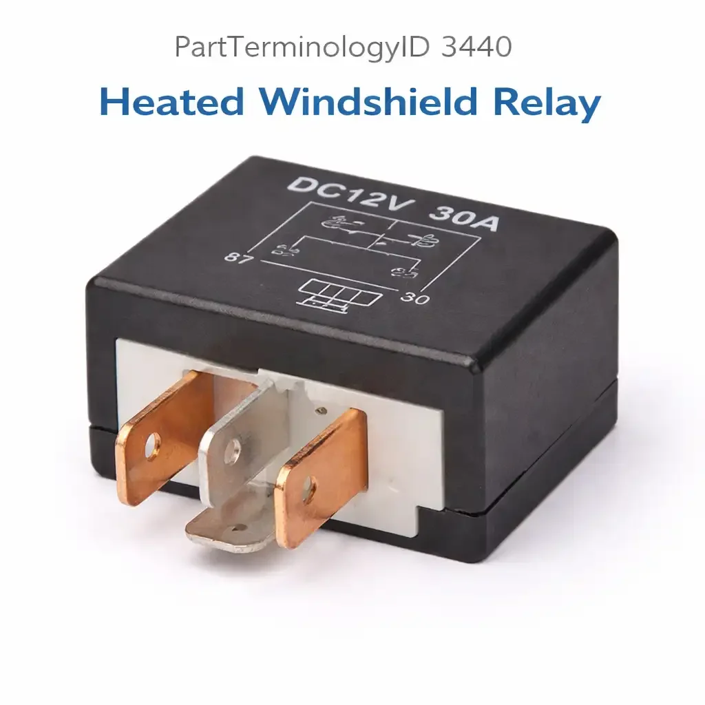 Heated Windshield Relay (PartTerminologyID 3440): Where Front Windshield Element Circuit, Very High Contact Current Rating, BCM Timed Cut-Off, and Differentiation from the Window Defroster Relay