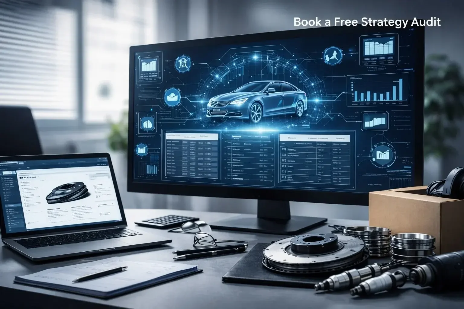 A workspace with a computer monitor displaying a digital interface of a car and data analytics, a laptop showing car specifications, and various automotive parts and tools on the desk.