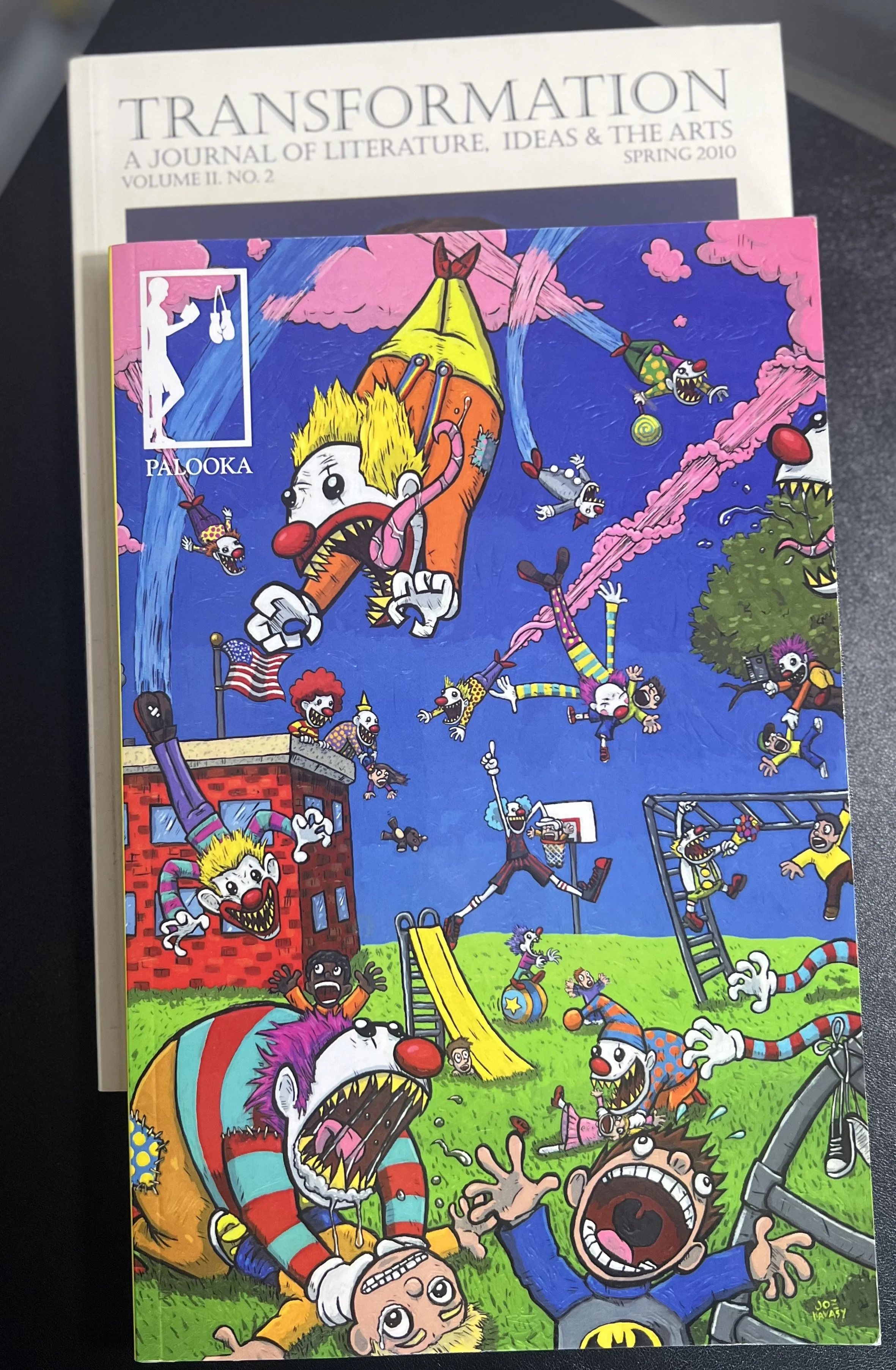 Colorful cartoon illustration of chaotic, vicious circus scene with various aggressive animals and clowns, including a lion, a clown in a striped suit, and a dog, engaging in violent and destructive activities.