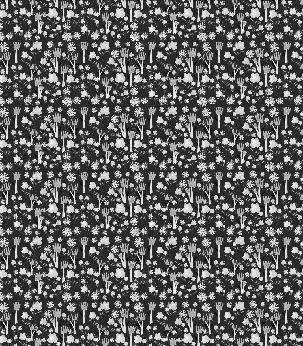 Black and white floral pattern with various flowers and leaves repeated throughout.