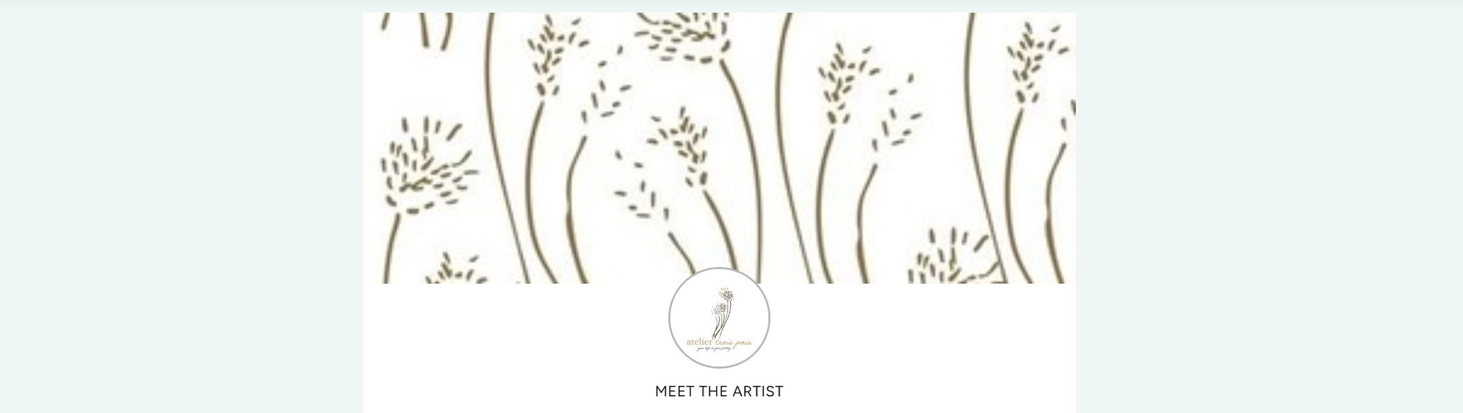 A webpage for Studio Trois Pois featuring a minimalist line drawing of wheat stalks, the studio's logo with a single wheat stalk, and text introducing the artist Marie and describing the studio's print design work based in New York.