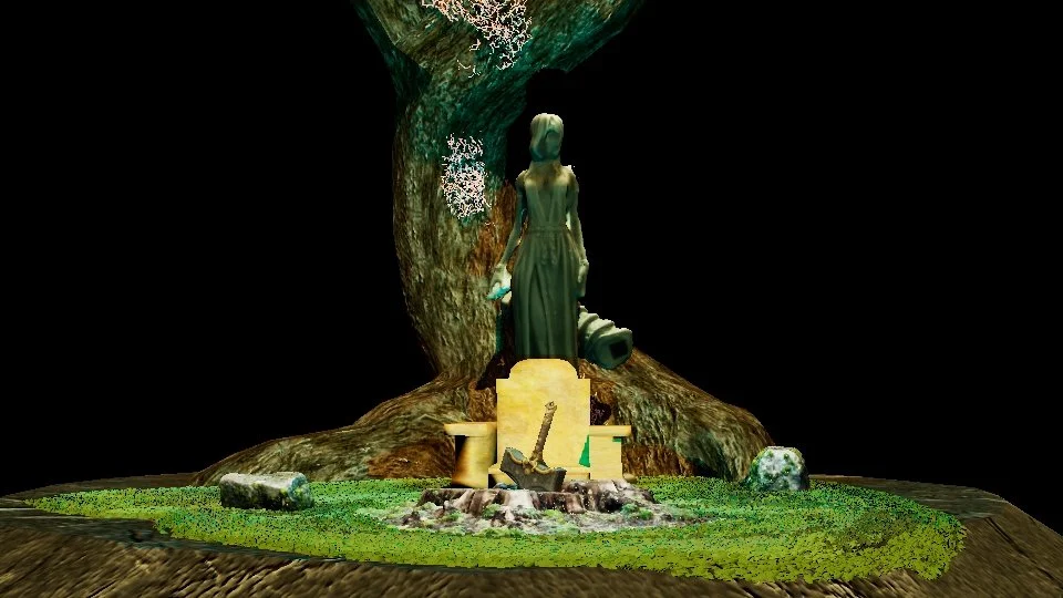 A miniature scene featuring a stone monument with a sword embedded, set in front of a large tree with a statue of a woman holding an object, surrounded by grass and rocks, with a dark background.