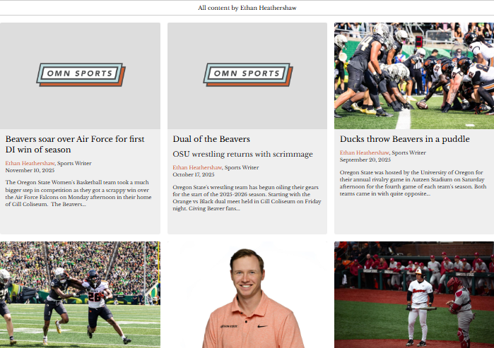 Screenshot of a sports news website with articles about football and wrestling, including an image of a football game and a photo of a man in a peach polo shirt.