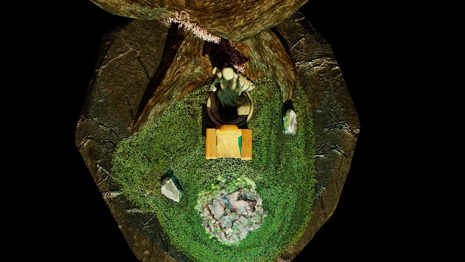 A person sitting at a small desk in a cozy, moss-covered, indoor space surrounded by large rocks and natural elements