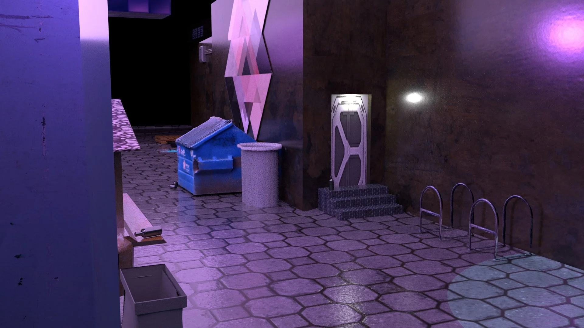 An indoor space with purple and pink lighting, hexagonal tile flooring, and various objects including a blue trash bin, a white cylindrical container, a small staircase, and bike racks environment