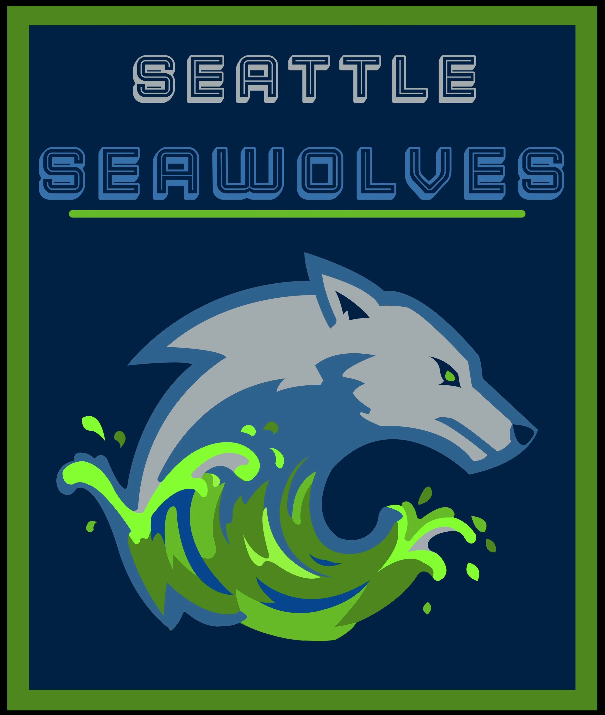 Logo for Seattle Seawolves, featuring a gray wolf with green eyes and a splash of green water beneath, with the team name in blue neon-like letters at the top.