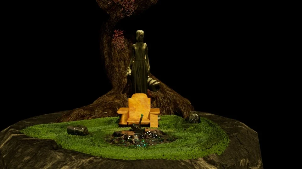 Miniature scene of a girl in a dress, standing next to a tree, with a small pond and rocks on a patch of grass, in a dimly lit setting.