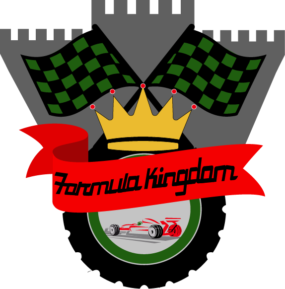 Logo featuring two checkered flags behind a gold crown, a red ribbon with 'Formula Kingdom' in black, and a red race car in a green circle at the bottom.