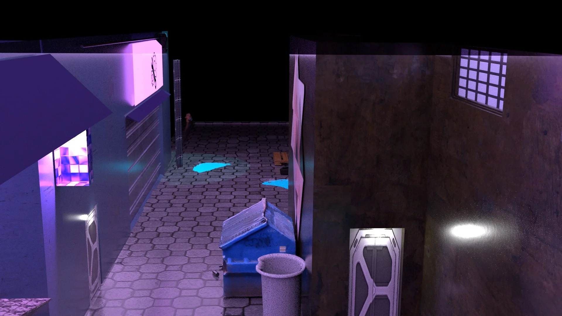 A dimly lit alleyway with hexagonal pavers, containing a trash bin, a small doghouse, and patches of melted snow or ice, with neon purple lighting and a window with grid panes on the right wall.