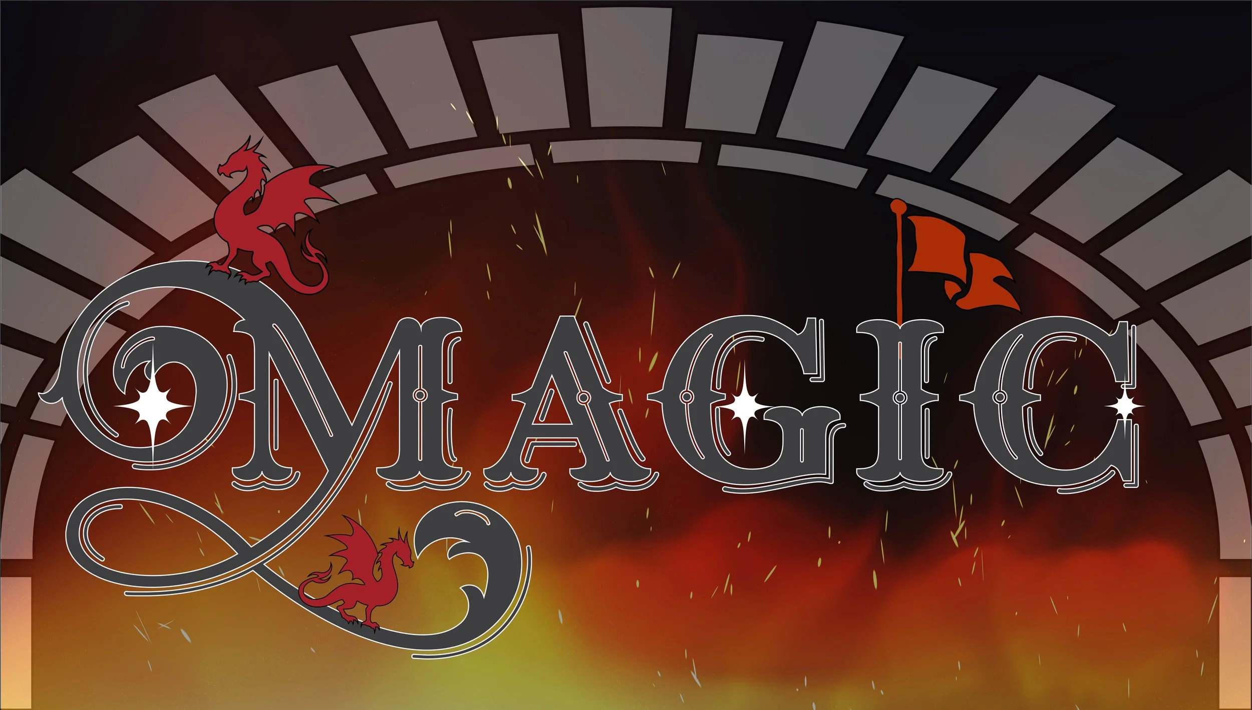 A graphic design featuring the word 'MYMAGIC' with a fiery background, two red dragons, and orange flags.