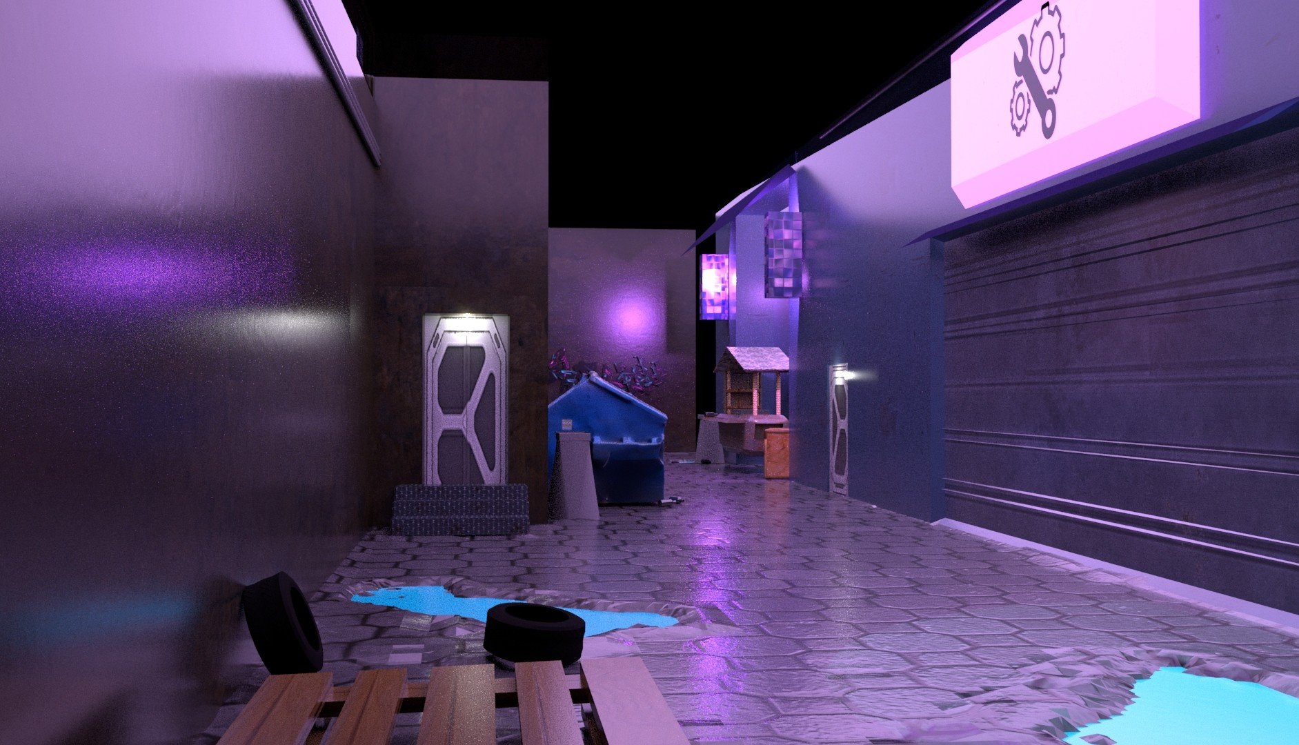 A dimly lit futuristic room with purple lighting, featuring a blue bathtub, a small wooden house model, tires, and a large purple gear symbol on a screen.