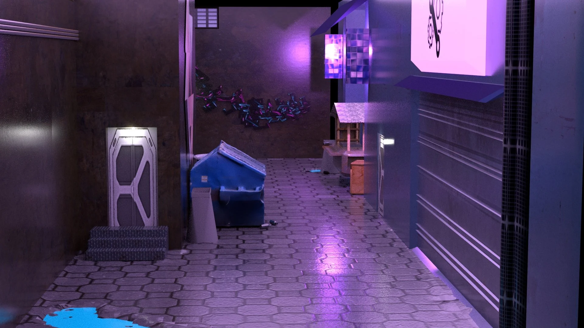 An alleyway with hexagonal tiles illuminated by purple neon lights. On the left, there is a dark wall and a metal door, with a small raised doormat in front. In the background, there is a pile of scattered items, possibly skateboard decks or similar objects, and on the right, a large grill or industrial equipment with purple lighting.