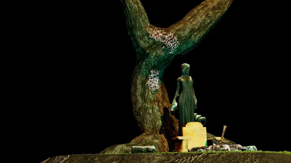 A woman in a flowing dress holding a lantern standing next to a large tree with white flowers, surrounded by a bench, a small dog, and scattered rocks at night.