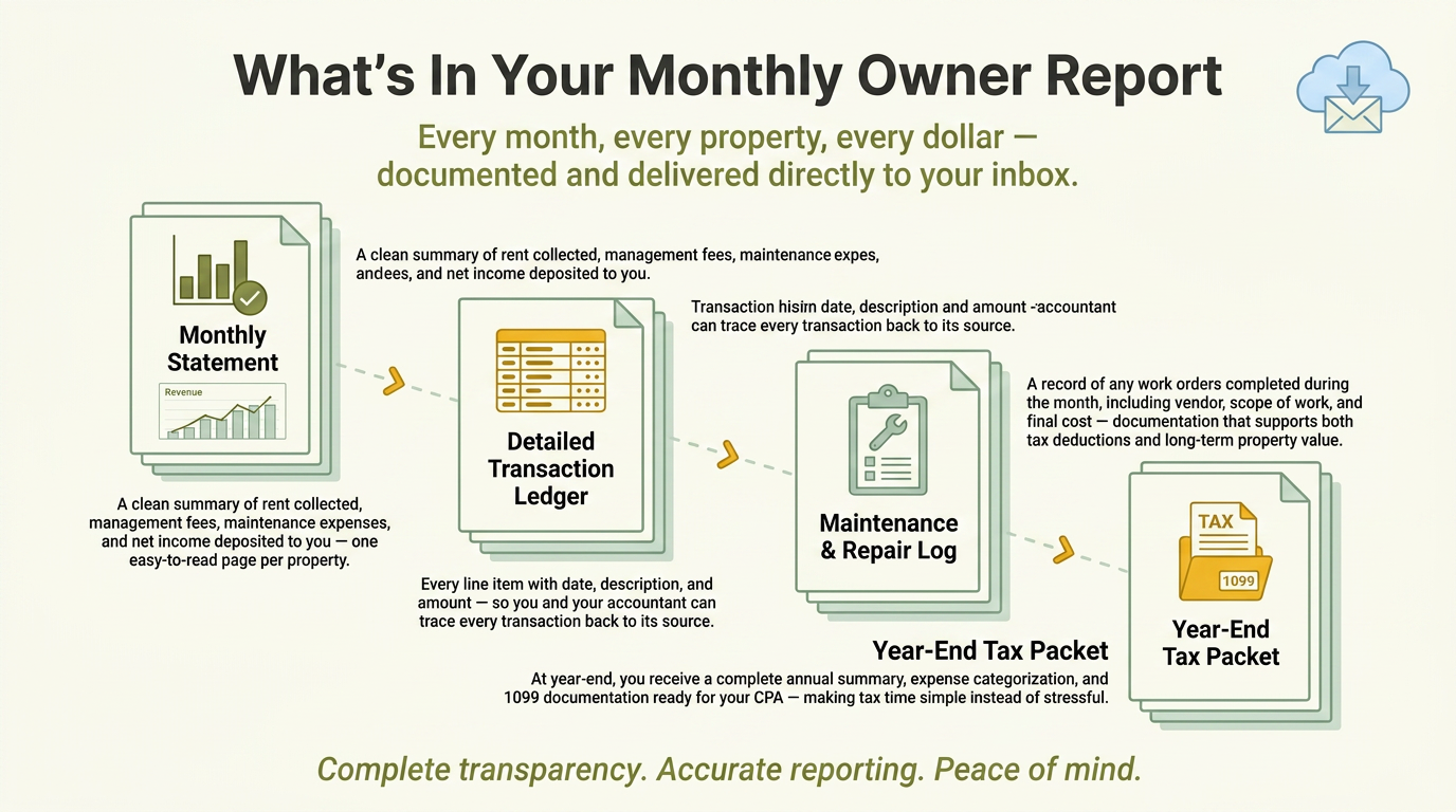 Summary of a monthly property owner report including documents like Monthly Statement, Detailed Transaction Ledger, Maintenance & Repair Log, Year-End Tax Packet, with icons and explanatory text.