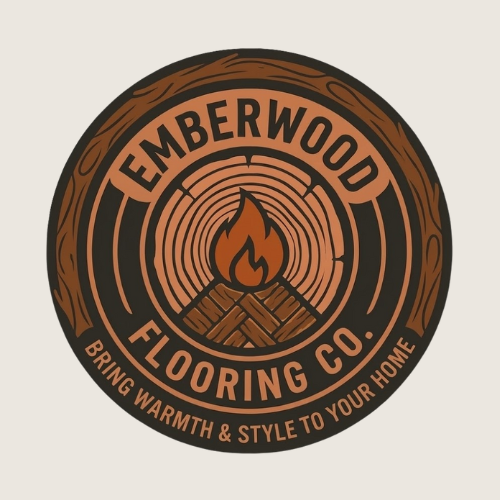 Logo for Emberwood Flooring Co. featuring a campfire inside a tree ring design with the company name and slogan 'Bring warmth & style to your home'.