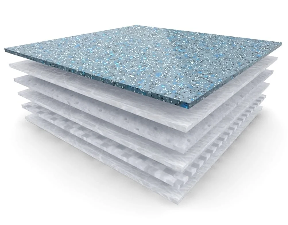 Stacked layers of terrazzo and foam materials.