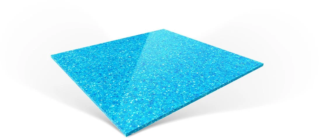 A blue glittery square sheet or tile on a white background.