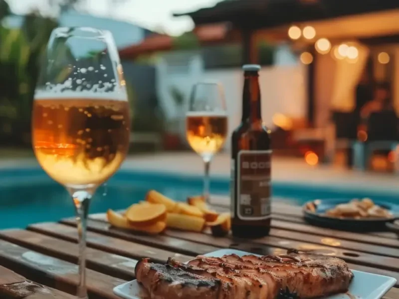 Fall pool party food and seasonal drinks for outdoor entertaining by a backyard pool