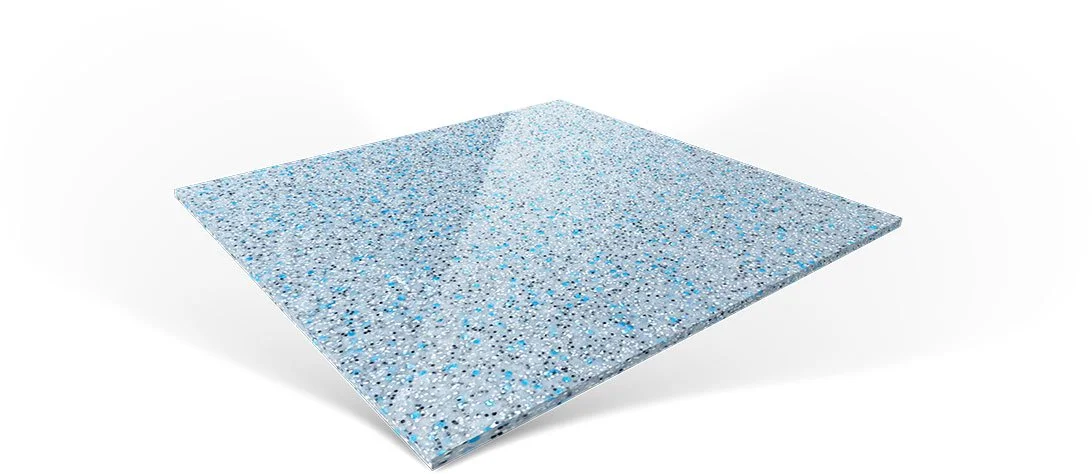 Square tile with a speckled gray and blue pattern.