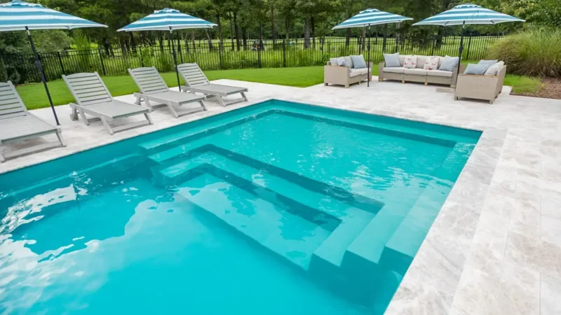 Swimming pool with submerged steps, surrounded by lounge chairs with umbrellas and outdoor seating on a patio with a fenced yard and trees in the background.