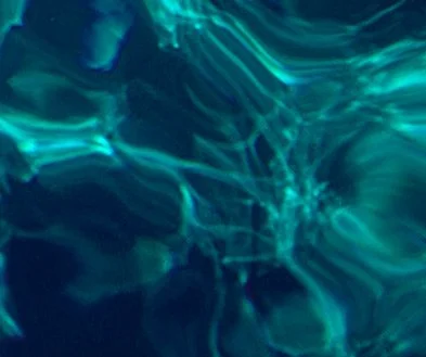 Abstract image of swirling blue and teal light reflections on water surface.