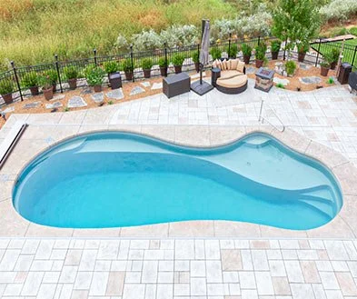 Curved backyard swimming pool with clear blue water and surrounding concrete decking.