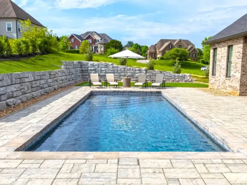 Small backyard pool with landscaping and vertical greenery