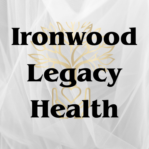 Text reading "Ironwood Legacy Health" over a decorative gold tree and heart in the background.