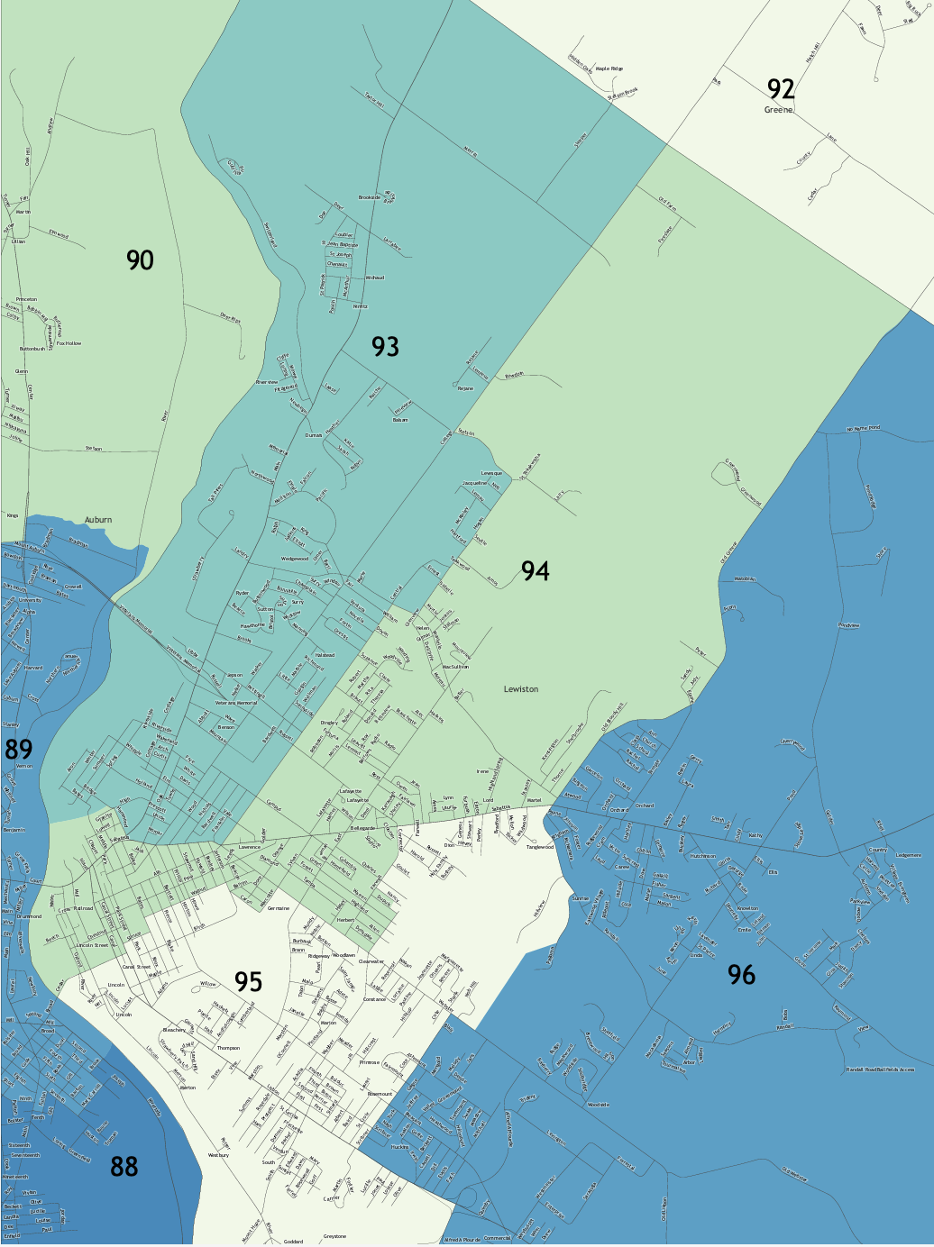 A detailed map of Lewiston, Maine's, legislative districts.