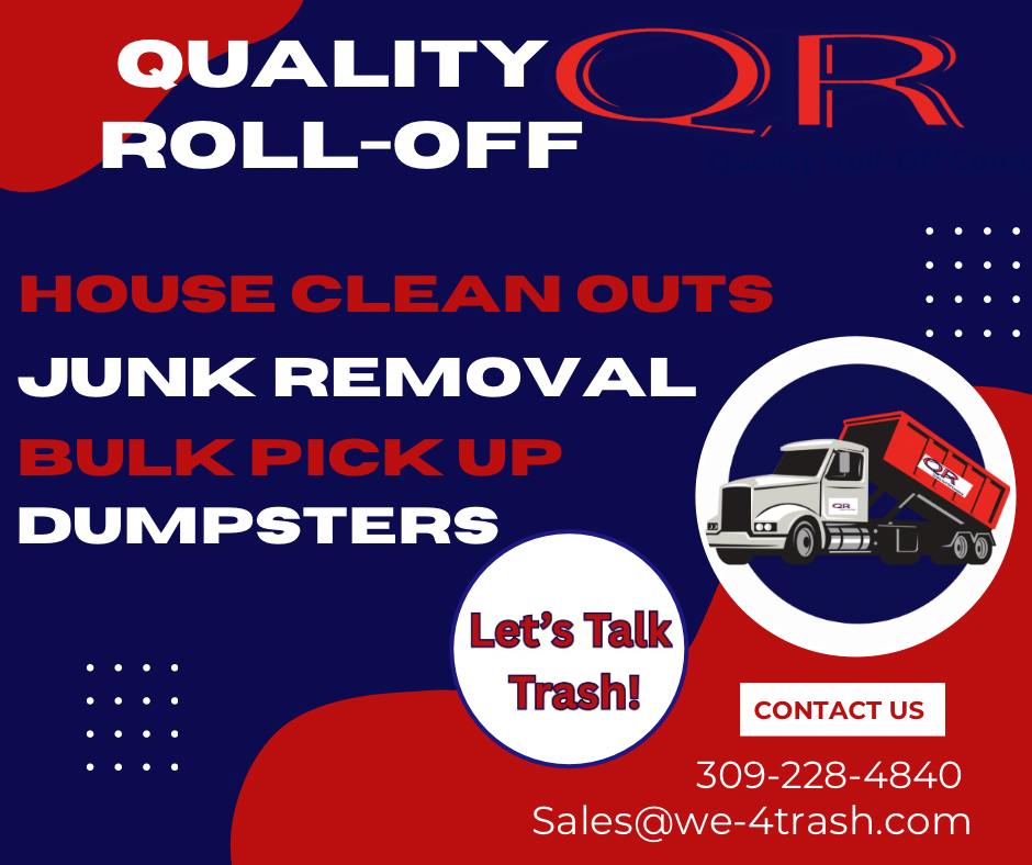 Advertisement for a trash removal service with bold text and truck illustration, offering house cleanouts, junk removal, bulk pickup, and dumpsters, including contact details.