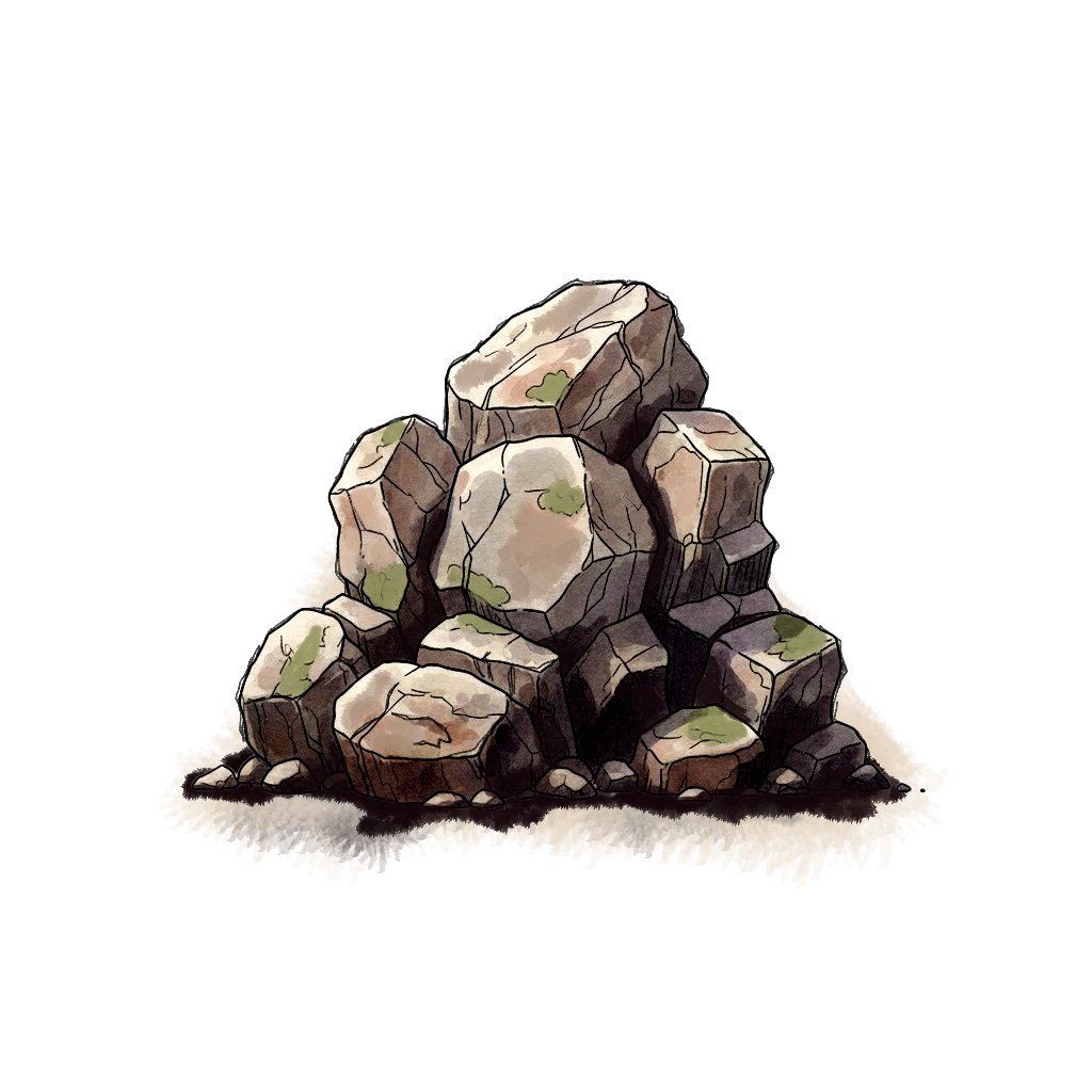 Estudio de formaciones rocosas y masa terrestre como elemento natural, centrado en el peso, la solidez y la estratificación. La representación explora la relación entre textura, volumen y forma, destacando la sensación de estabilidad y arraigo al ter