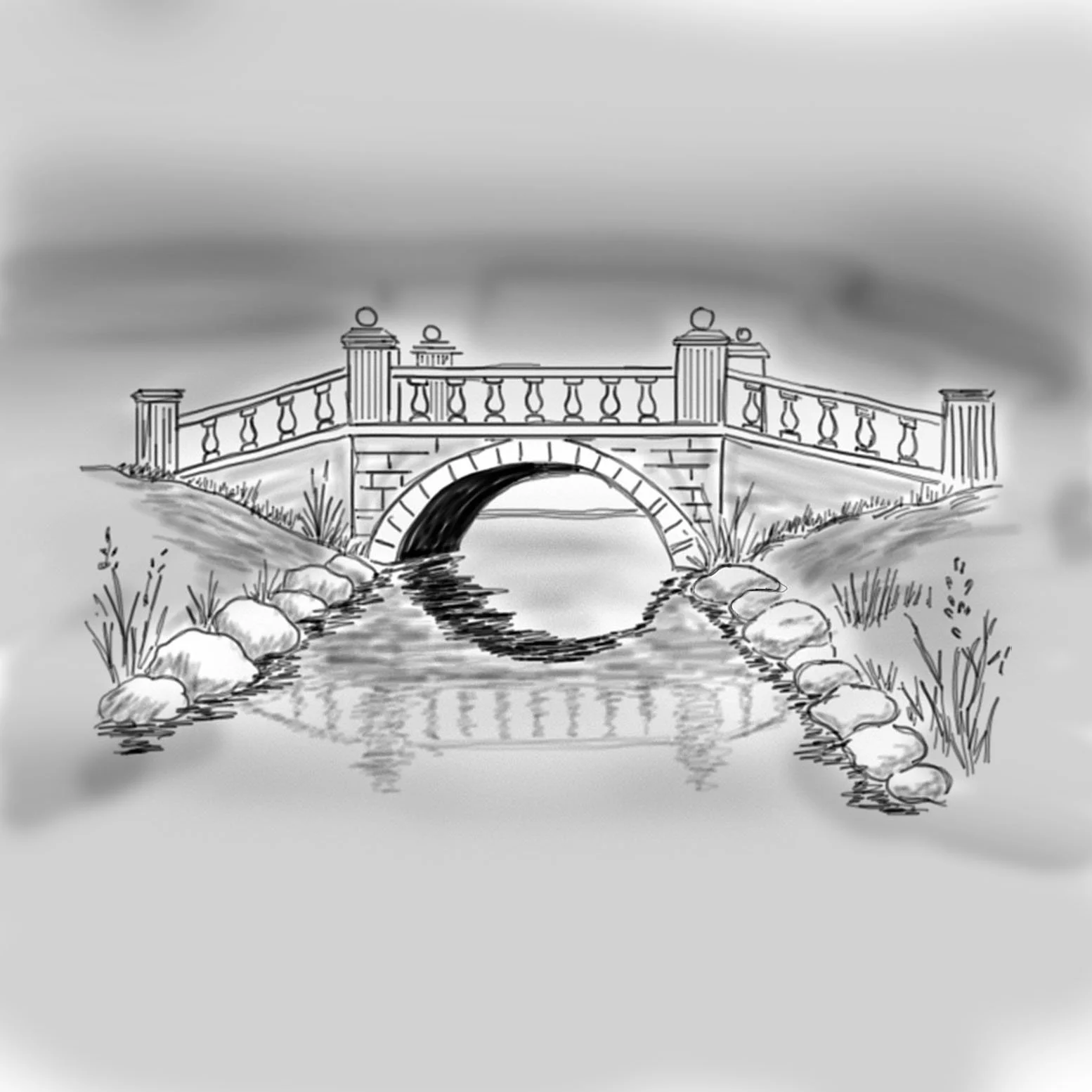 Pintura rápida de un paisaje imaginado, utilizando formas simplificadas y valores tonales limitados para sugerir estructura, reflejo y movimiento dentro del espacio.