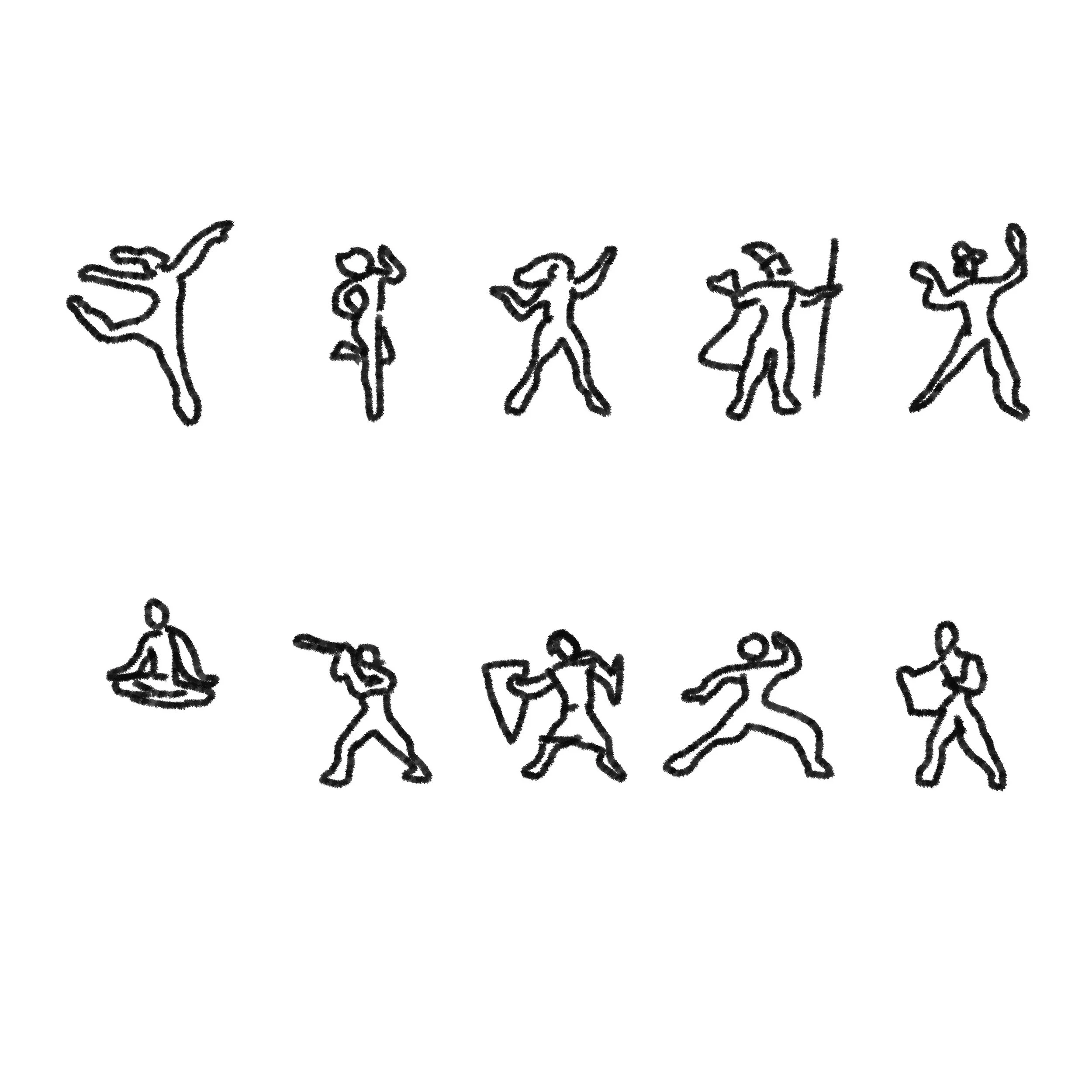 Los garabatos empiezan a organizarse en gestos humanos reconocibles. Surgen extremidades, posturas y poses, aunque todavía de manera tosca y exploratoria, como si las figuras se estuvieran descubriendo dentro de las líneas.