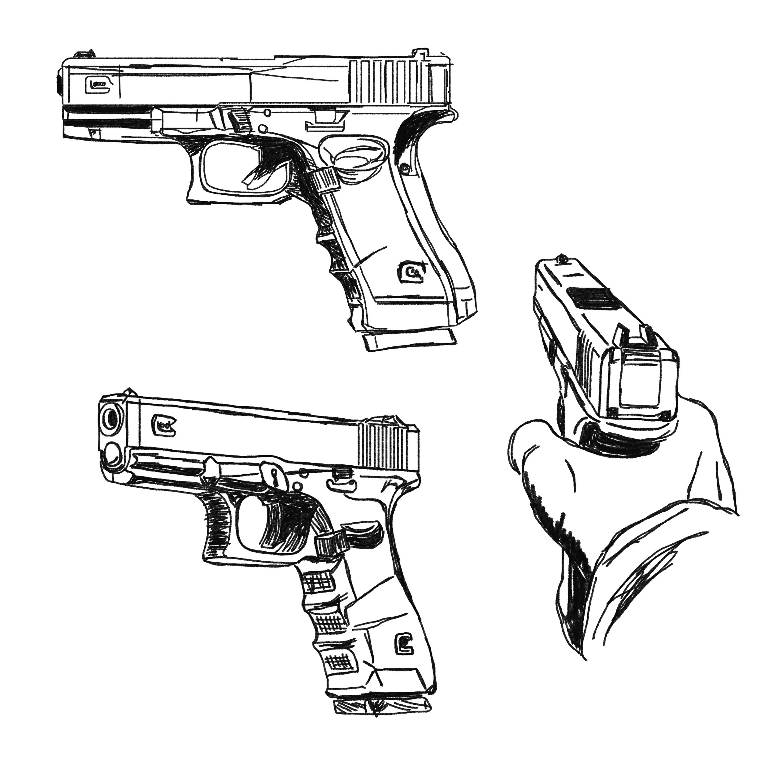 Estudio de armas como objetos, centrado en la silueta, la proporción y el diseño funcional. La representación analiza el equilibrio entre forma, peso visual y propósito, destacando cómo la geometría y el detalle comunican uso y carácter.