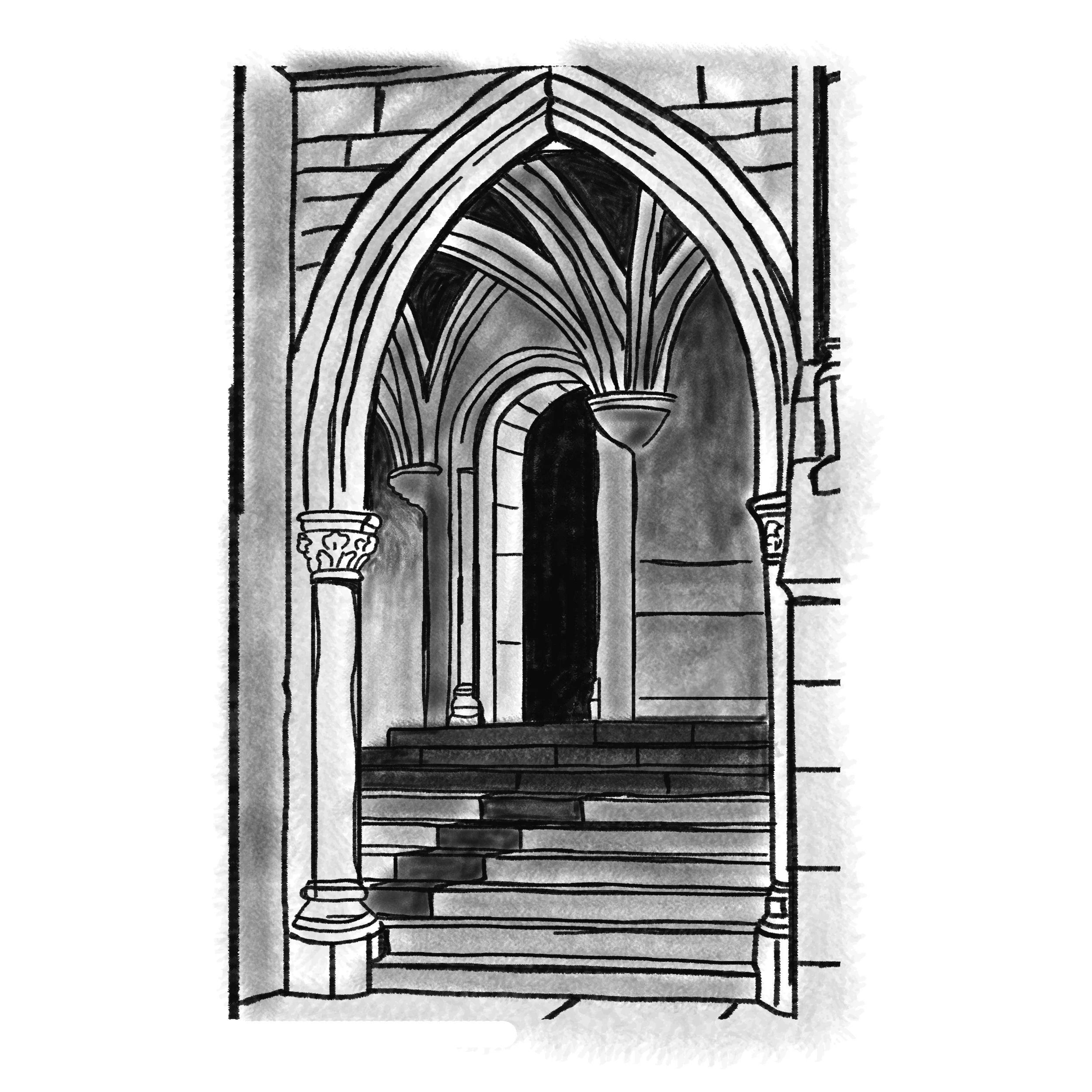 Estudio de un espacio arquitectónico imaginario realizado exclusivamente mediante línea y valor. La composición se centra en la estructura, la profundidad y la lectura espacial, explorando la organización del espacio sin el apoyo del color.